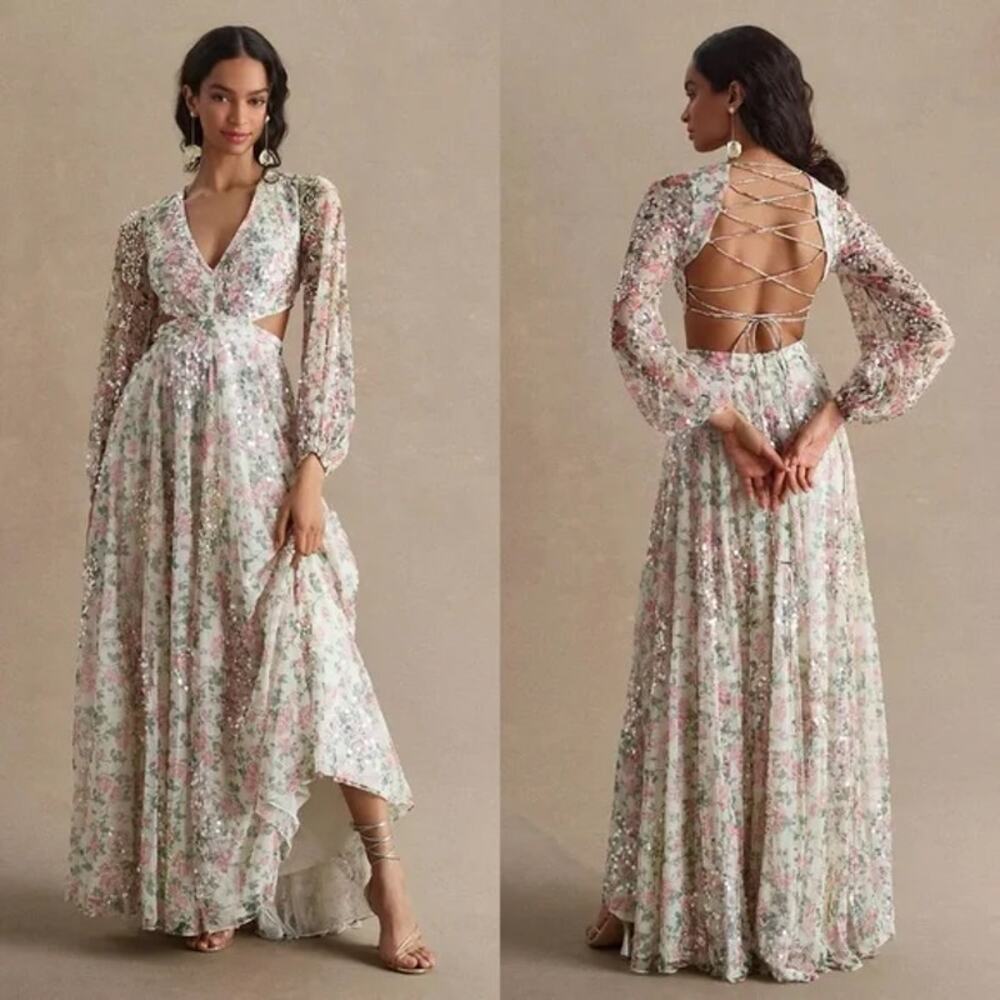NWT Mac Duggal Sequined Floral Print Cutout Lace-Up Gown Size 2